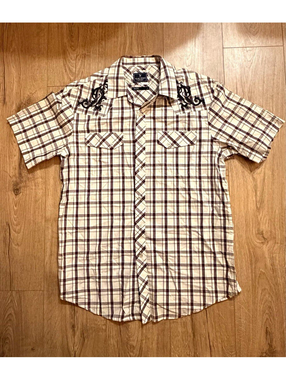 Marc Ecko Cut & Sew Men’s L Plaid Beige Brown Cotton Button